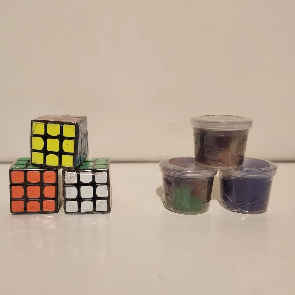 Lot of Mini Fidgets 3 mini Rubik's Cubes, and 3 mini Slime Buckets
